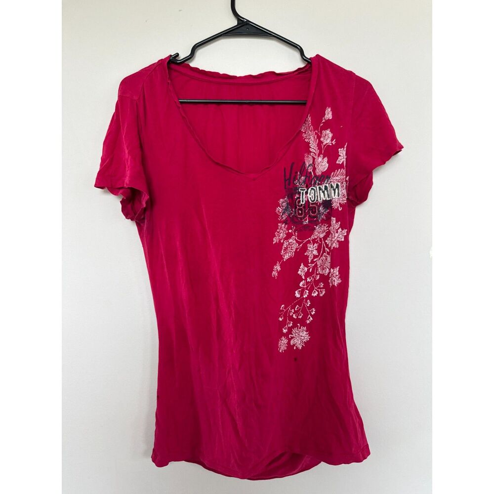 Vintage Y2K Tommy Hilfiger Hot Pink Floral Graphic V-Neck Tee